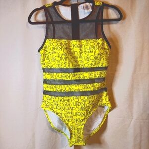 Calvin Klein Logo one piece yellow black bathing suit sz M NEW